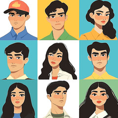 Diverse set of stylized cartoon portraits featuring young men and women with varied hairstyles and colorful clothing, set against a grid of teal, yellow, and green backgrounds, vibrant illustrative st