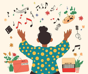 Joyful woman with raised hands surrounded by floating musical notes, instruments, and art supplies, wearing a blue polka-dot sweater, with a vintage radio and potted plants, vibrant illustrative style