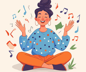 Joyful woman meditating with musical notes floating around, wearing a blue polka-dot sweater and orange pants, sitting cross-legged in a vibrant illustrative style, peaceful and musical vibe, light ba