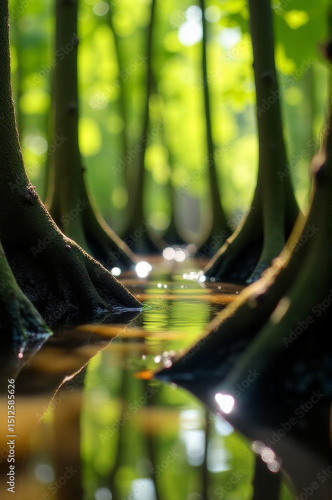 Poster a group of trees standing in the water, surrounded by calm atmosphere
