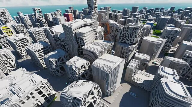 3D-Printed Metropolis: Futuristic Cityscape Showcasing Organic Architecture and Innovative Building Designs Beyond Traditional Construction Methods
