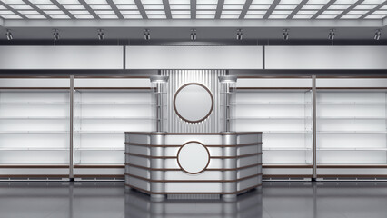 Store interior with empty shelves and curve kiosk counter with cylindrical glass showcases and blank round logo. 3d illustration