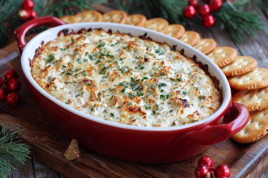 A festive baked crab dip, served with crackers and holiday decor for a holiday party.