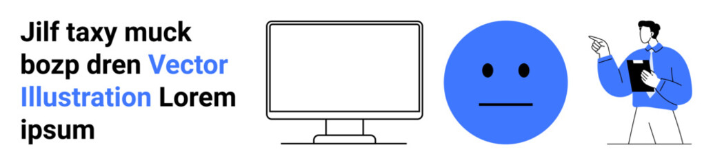 Neutral face emotion beside computer screen as a professional gestures with clipboard. Ideal for feedback, evaluation, digital interaction, workspace, emotions, communication, simple landing page