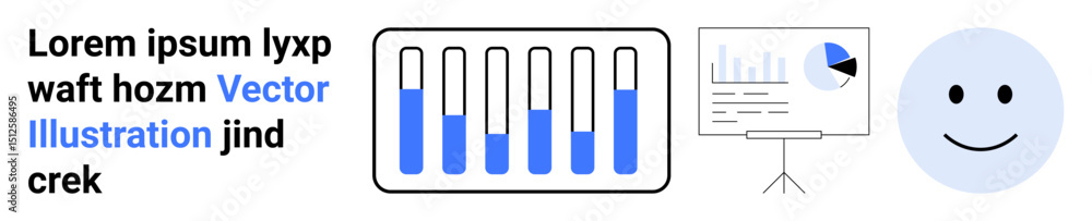 Poster bar graph showing metrics, presentation board with analytics, accompanying minimalist smiling face. 