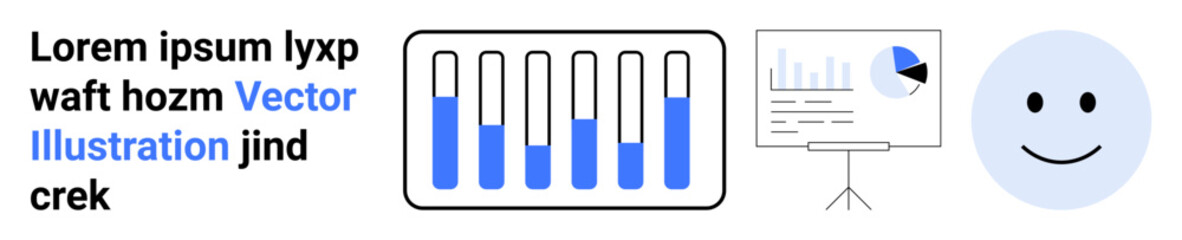 Bar graph showing metrics, presentation board with analytics, accompanying minimalist smiling face. Ideal for data analysis, reporting, infographic, education, success, user feedback simple landing