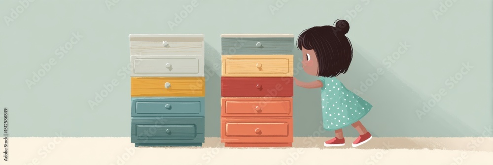 Aufkleber toddler joyfully exploring colorful unlocked drawers in a clean room
