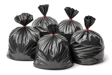 Five Black Trash Bags Tied with Red Plastic Ties on White Background