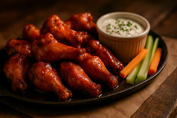 Spicy Buffalo Chicken Wings with Blue Cheese Dip in Rustic Setting