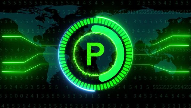 Digital Letter P Green colors with Futuristic Global Technology Network Background.