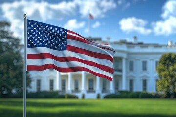 Close-up view of the USA flag waving with the White House in the background on a clear day