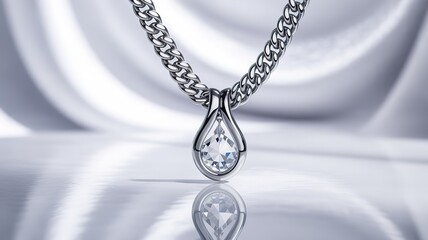 Elegant Silver Necklace with a Tear-shaped Diamond Pendant on White Silk