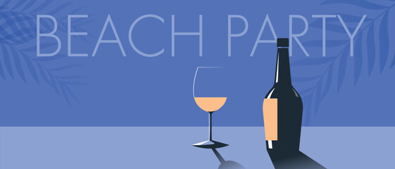Drink party on the beach, bar menu design, sommelier, white wine. Flat design wine bottle, glass, palm leaves, cabernet, martini