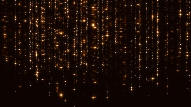 abstract dark luxury gold motion background with golden glitter shiny stars strings lights falling, holiday christmas new year social media design element	