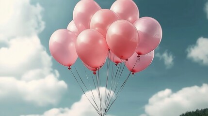 A bunch of pink balloons floating in the sky, high-definition photography.