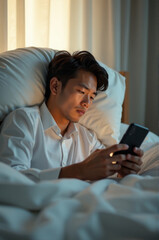 A person lying in bed staring at their smartphone