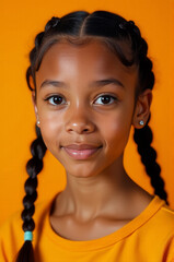 A young girl with braided hair smiling directly at the camera