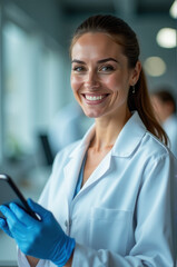A woman wearing a lab coat holds a cell phone, possibly for communication or documentation