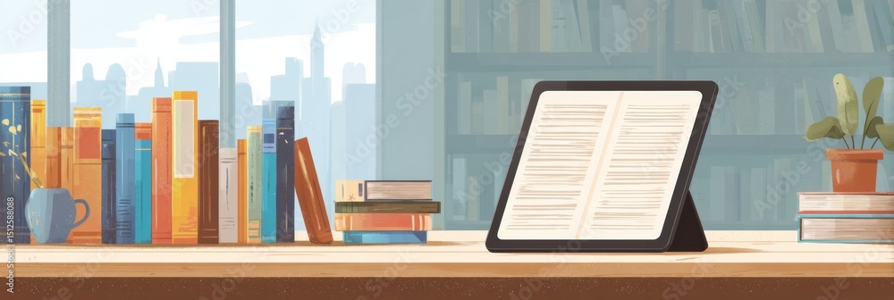 Poster tablet resting on a table with an e-book library open in a cozy reading nook by a window with citysc