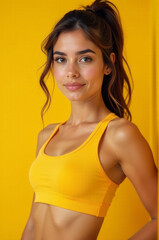 A woman poses wearing a bright yellow sports bra top, ready for a photo shoot