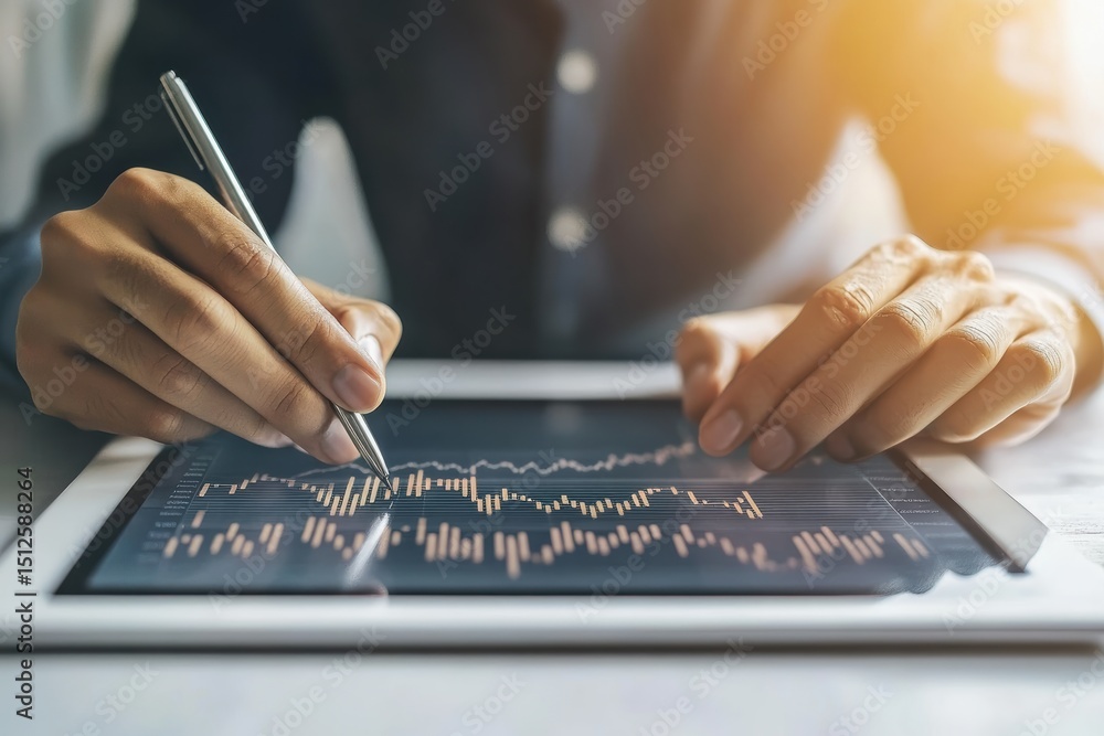 Poster exploring data trends with tablet technology during a business analysis session