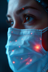 A close-up shot of a person wearing a face mask, often used in medical or scientific contexts