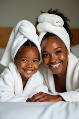 A mother and child relaxing together in their personal space, possibly after bath time