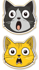 Cat's Surprise: Two cartoon cat faces express astonishment, with wide eyes and open mouths, symbolizing shock, wonder, and amusing bewilderment.