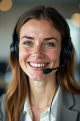 A woman wearing a headset and smiling, possibly in a professional or virtual reality setting