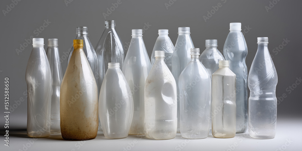 Aufkleber a row of plastic bottles with one of them being yellow. the bottles are all different shapes and siz