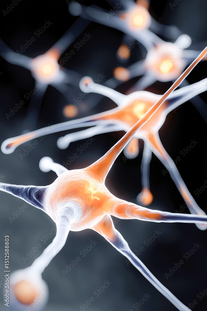 Poster a close up of a bunch of neurons with orange tips. the neurons are connected to each other and appea