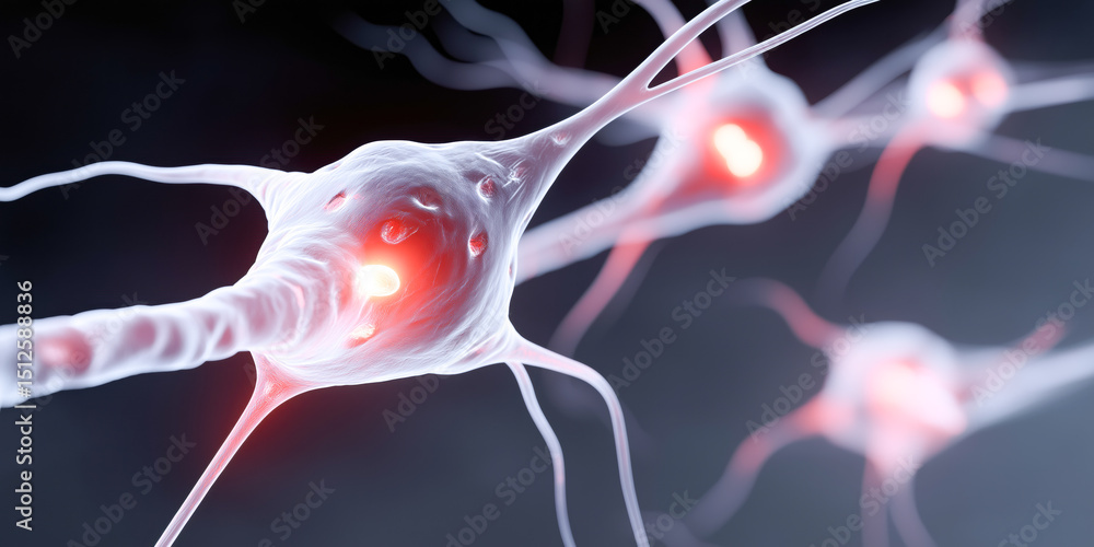 Poster a close up of a neuron with red glowing spots. the neuron is surrounded by other neurons, creating a