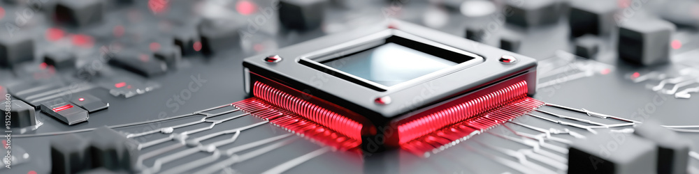 Poster a computer chip with a red border. the chip is surrounded by a black background. the red border give