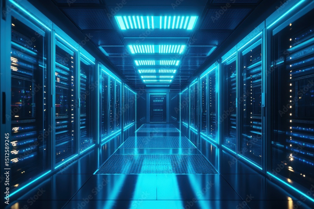Aufkleber high-tech cyberpunk data center illuminated with blue lights, showcasing rows of servers and advance