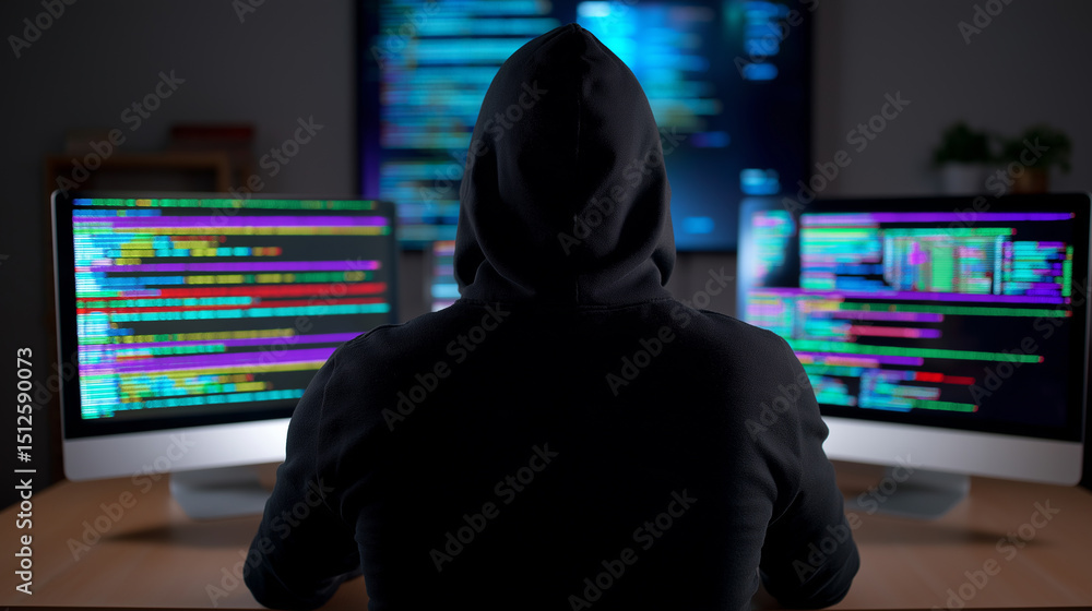 Poster back view of a person in a hoodie sitting in front of multiple computer screens filled with colorful
