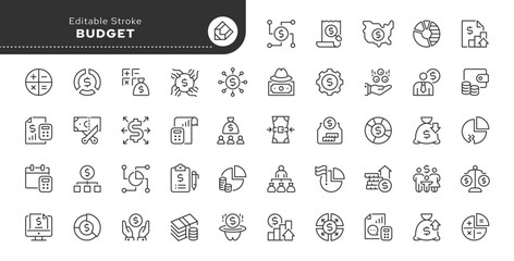Budget line icon set. Financing, accounting, distribution of funds, budget sequestration, allocation of money and more. Outline vector icon in linear style. Pictogram collection