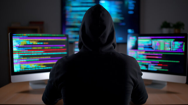 Back view of a person in a hoodie sitting in front of multiple computer screens filled with colorful code in a dark room.
- Powered by Adobe