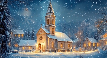 Ancient Church Illustration: A Winter Landscape with Snow-Covered Architecture