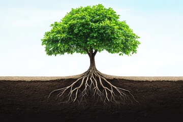 Graphic layout showcasing a lush green tree with visible roots in earthy soil environment