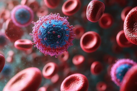 Graphic layout showcasing a virus interacting with red blood cells in a digital environment