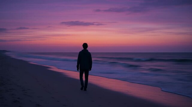 Man strolling along the shoreline at dusk