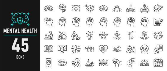 Mental Health Support and Awareness Icons – 45 Vector Symbols