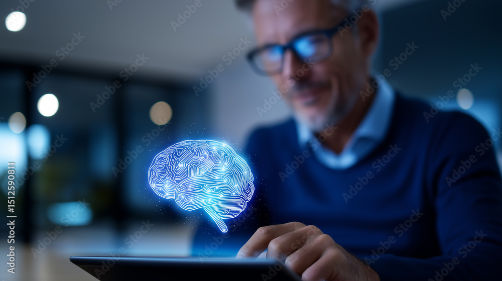 Poster businessman interacting with a digital tablet displaying a glowing ai brain hologram, symbolizing ar