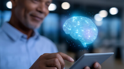 Businessman interacting with a digital tablet displaying a glowing AI brain hologram, symbolizing artificial intelligence and innovation.
