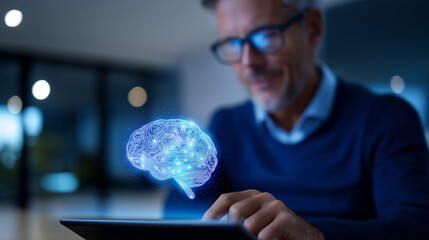 Businessman interacting with a digital tablet displaying a glowing AI brain hologram, symbolizing artificial intelligence and innovation.
