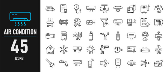 Air Conditioning and HVAC System Line Icons – 45 Vector Symbols