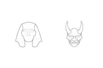 Minimalist line art illustration of a pharaoh head and a japanese oni mask