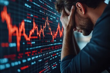 Man distressed while analyzing a chart depicting declining trends in data