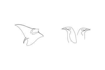 Obraz premium Minimalist single line drawing of a manta ray and two penguin heads on white