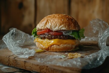 Innovative Burger Art: Delectable Hamburger Served with Recycled Plastic Waste in a Rustic Presentation